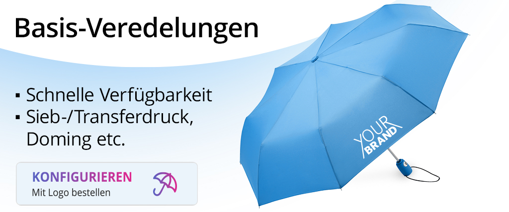 Schirme mit Basis-Veredelung für Logos und Motive: Siebdruck, Transferdruck, Lasergravur, Doming, Wetlook, Colormagic & Lasersticker