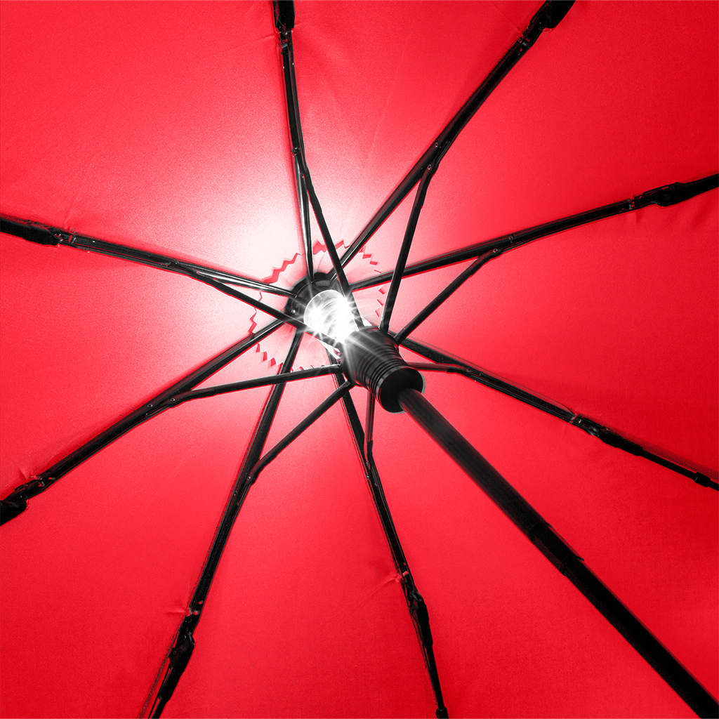 red FARE Skylight umbrella with LED lighting opened