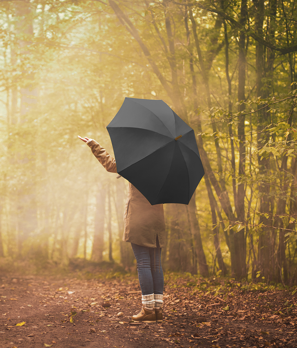 Woman with umbrella in autumn forest