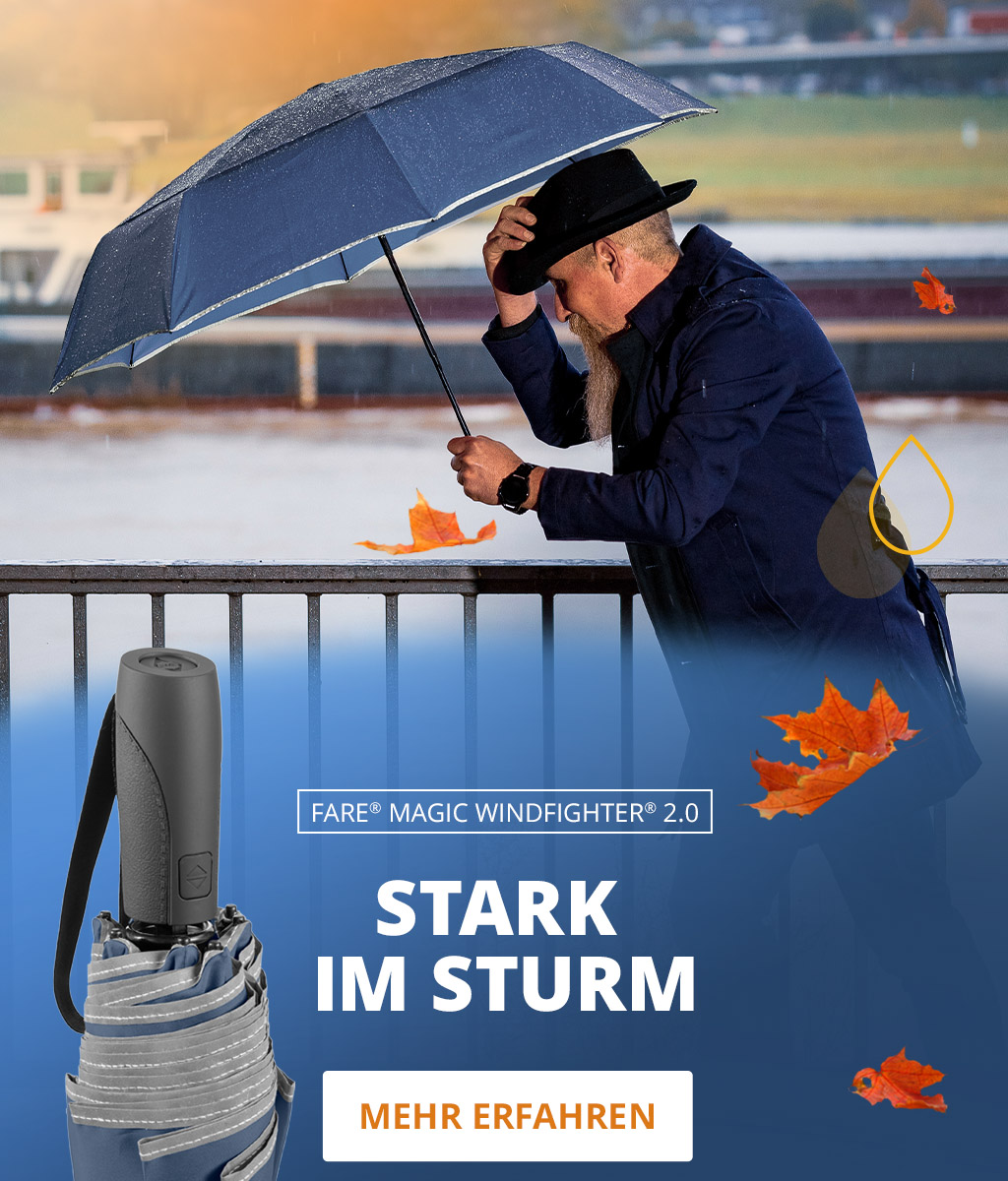 Banner mit FARE Regenschirm, FARE Magic Windfighter 2.0 in marine, Mann mit Hut und Regenschirm
