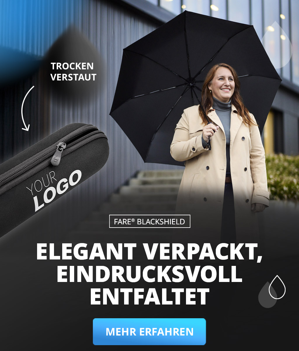 Banner mit dem Gäste-Taschenschirm FARE® BlackShield Case Edition mit flexiblem EVA-Case