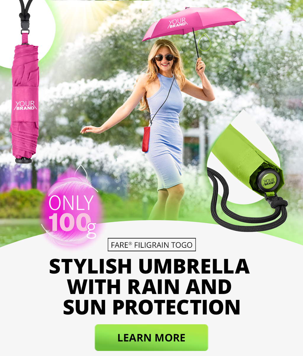Banner with FARE umbrella, FARE mini pocket umbrella FARE® FiligRain ToGo in magenta, young woman in light blue dress wearing sunglasses and protecting herself from the sun's rays with the magenta umbrella