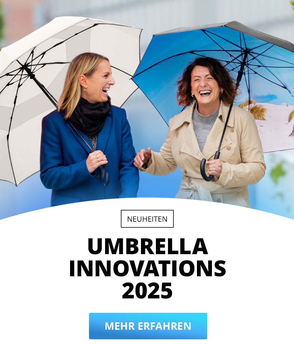 Banner mit den Schirmneuheiten 2025: Zwei Frauen teilen sich einen Regenschirm, Nahaufnahme eines zusammengefalteten grünen Schirms, und ein Paar unter einem Schirm mit Feuerwerk-Design. Text: 'Umbrella Innovations 2025 – Neuheiten – Mehr erfahren