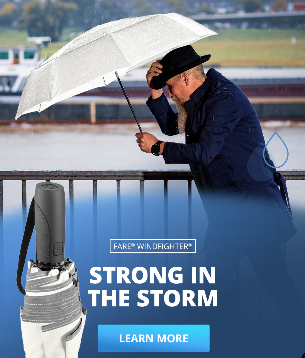 Banner featuring the FARE Windfighter 2.0 umbrella: Two women walking with umbrellas, a close-up of the closed Windfighter umbrella, an open umbrella, and a man holding an umbrella in wind and rain. Text: 'Strong in the storm – Learn more