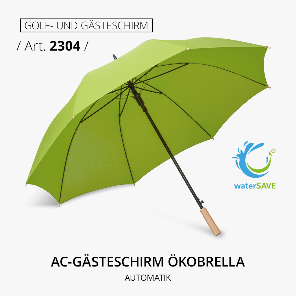 Highlight-Produkt: AC-Gästeschirm Ökobrella, Artikelnummer 2304, in Grün mit Automatik. Nachhaltiges Design mit waterSAVE® Bezug und Holzgriff