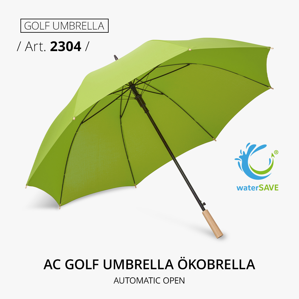 Highlight product: AC guest umbrella Ökobrella, article number 2304, in green with automatic function. Sustainable design with waterSAVE® fabric and wooden handle