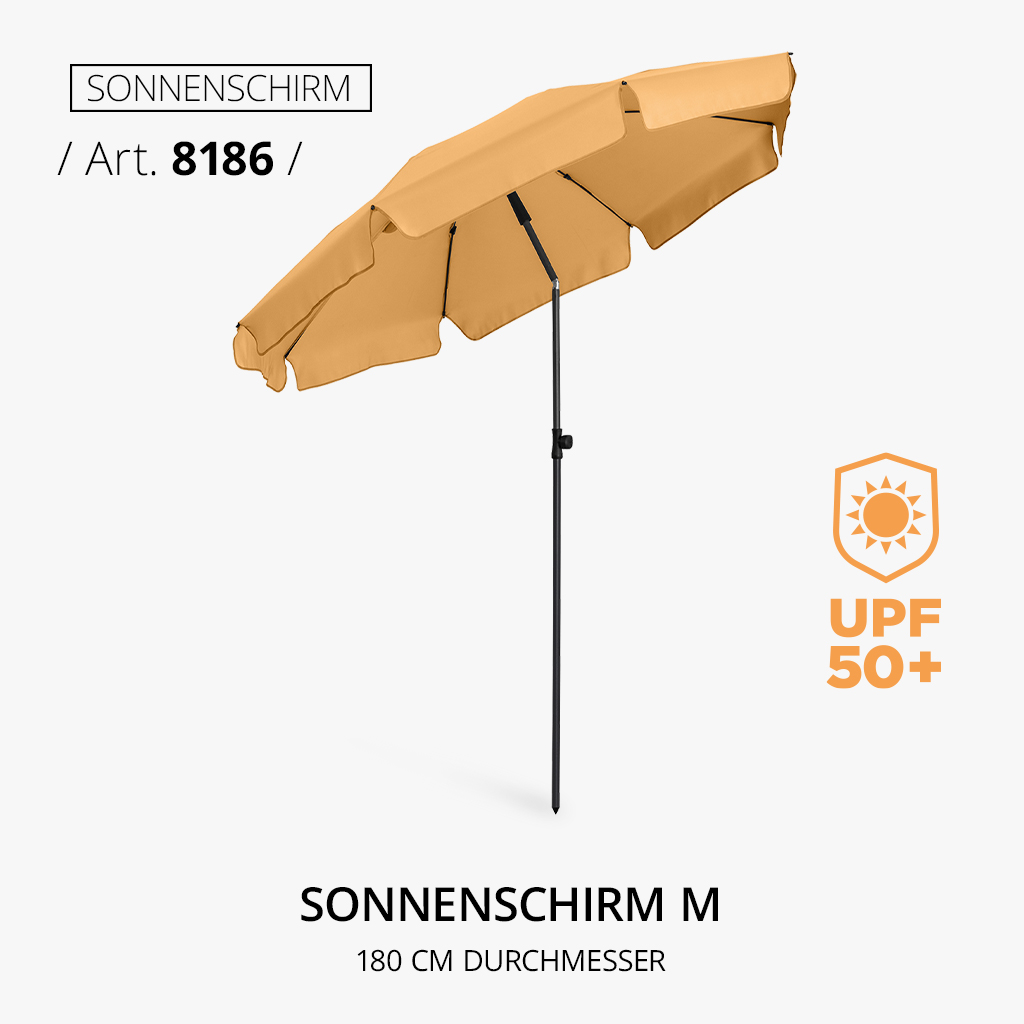 Highlight-Produkt: Sonnenschirm M, Artikelnummer 8186, in Gelb mit einem Durchmesser von 180 cm. Bietet UPF 50+ Sonnenschutz