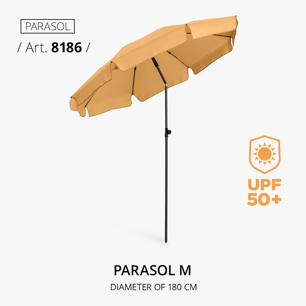 Highlight product: Sun umbrella M, article number 8186, in yellow with a diameter of 180 cm. Provides UPF 50+ sun protection