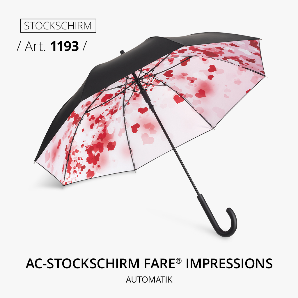 Highlight-Produkt: AC-Stockschirm FARE® Impressions, Artikelnummer 1193, mit Automatik. Design mit roten und rosa Herzen auf hellem Hintergrund, eleganter schwarzer Griff