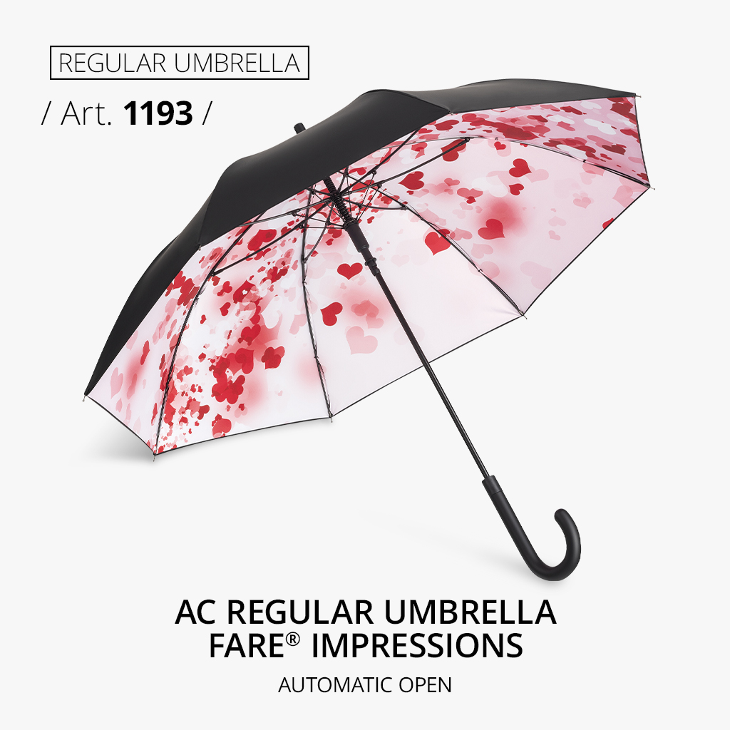 Highlight product: AC stick umbrella FARE® Impressions, article number 1193, with automatic function. Design featuring red and pink hearts on a light background, elegant black handle