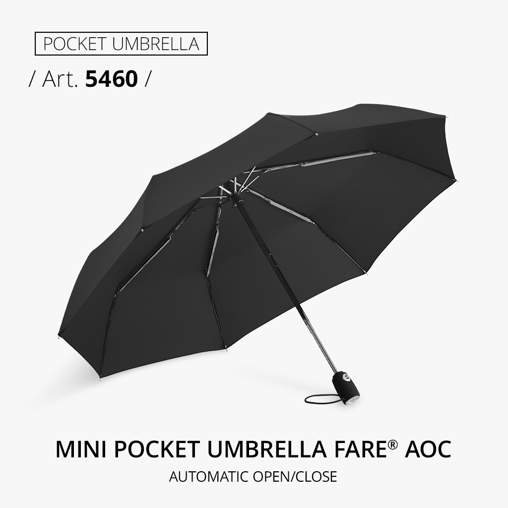 Highlight product: Mini pocket umbrella FARE® AOC, article number 5460, in black with double automatic function. Elegant design, compact and versatile