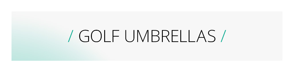 Category banner for golf and guest umbrellas: Green open umbrella with a wooden handle against a bright background. Text: '/ Golf and Guest Umbrellas /