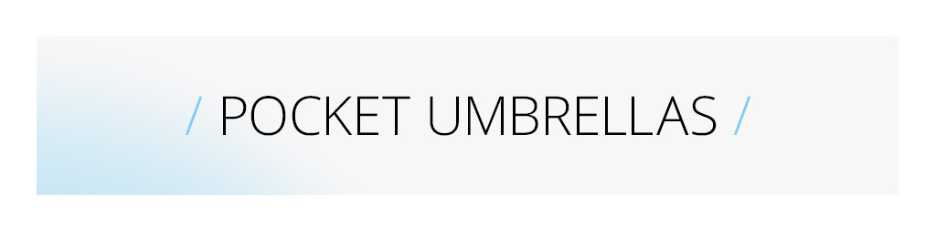 Category banner for pocket umbrellas: Blue open pocket umbrella against a bright background. Text: / Pocket Umbrellas /