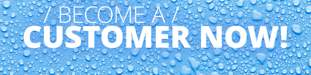 Menu tile for 'Become a Customer': Blue surface with water droplets. Text: Become a Customer