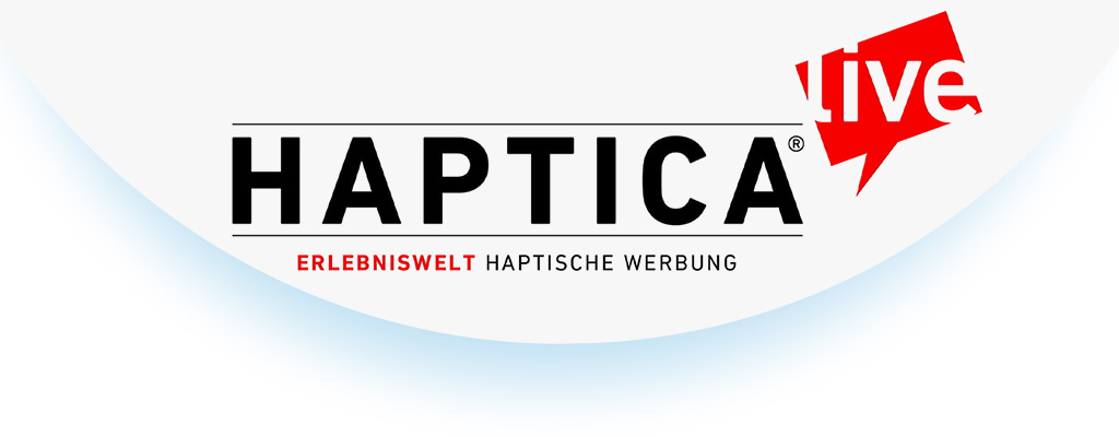 Logo der HAPTICA® live mit dem Schriftzug 'Erlebniswelt haptische Werbung' auf weiß-blauem Hintergrund