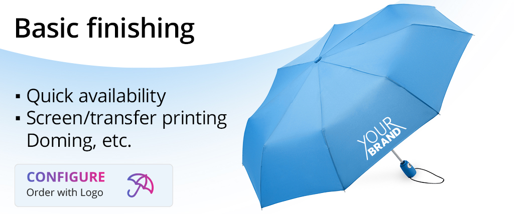 Umbrellas with basic promotional labelling for logos and motifs: screen printing, transfer printing, laser engraving, doming, wet look, Colormagic & laser stickers