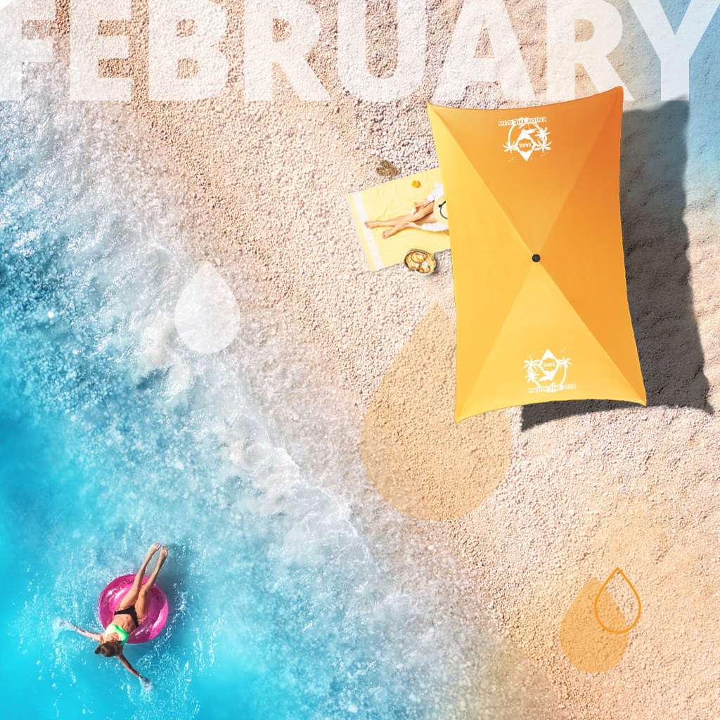 Umbrella of the Month February: Beach scene with a yellow sun umbrella, a person on a lounger, and another person on a pink float in blue water. Text: February