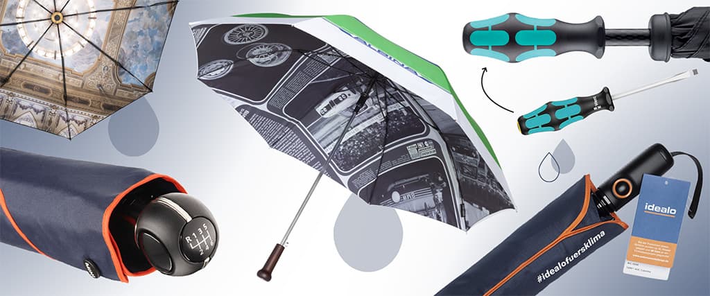 Collage eines bedruckten Automatik-Taschenschirms: geöffneter Schirm mit Fotodruck auf der Innenseite, Detail des Griffs, Schutzhülle und Produktanhänger; daneben Schraubendreher-Symbolik als Hinweis auf Technik/Features